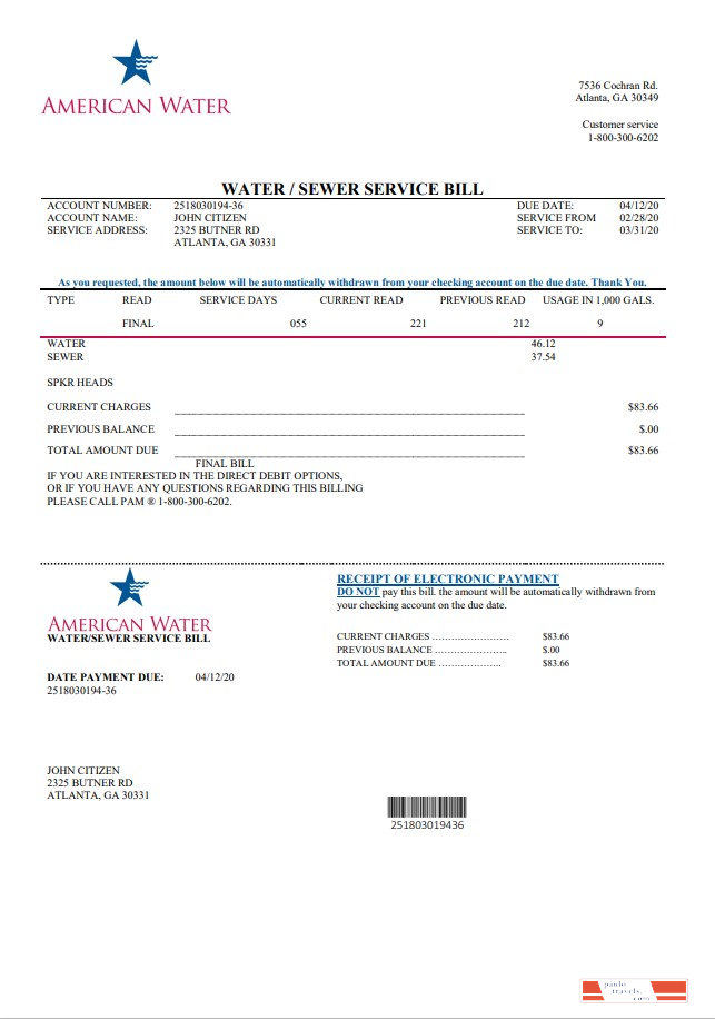 USA Georgia American Water utility bill template in Word and PDF format